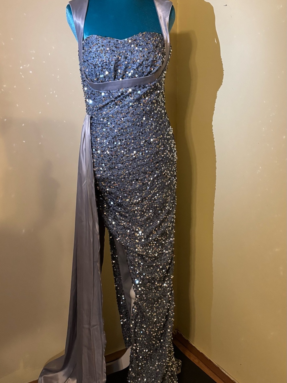 Silver Sequin Strapless Prom Gown with Draped Sash